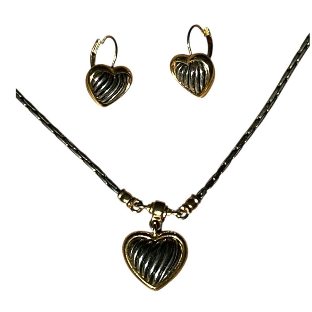 Vintage Heart Necklace Earrings Set 80s 90s Silver Gold Ribbed Retro Charm